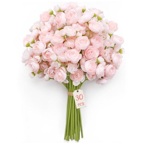 Alupssuc 30Pcs Ranunculus Artificial Flowers Faux Silk Mini Ranunculus Spring Flowers Artificial Indoor for DIY Bouquets Bulk Fake Wedding Filler Flowers for Bride Shower Decorations Shabby Blush - Image 3