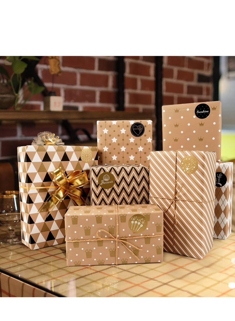 KASTWAVE Gift Wrapping Paper, Happy Birthday Wrapping Paper, 8 Sheets Brown Wrapping Paper with Stickers Paper Rope, Kraft Wrapping Paper for Birthday Graduation All Occasion for Men Women Boys Girls, 50X70CM - Image 3