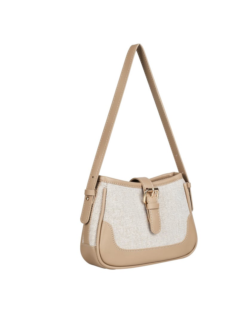 Excefore حقيبة سرج أنيقة، حقيبة كتف متقاطعة من القماش وبقع PU، حقيبة كتف مع أحزمة قابلة للتعديل، حقائب نسائية متعددة الاستخدامات عتيقة، بيج - Image 1