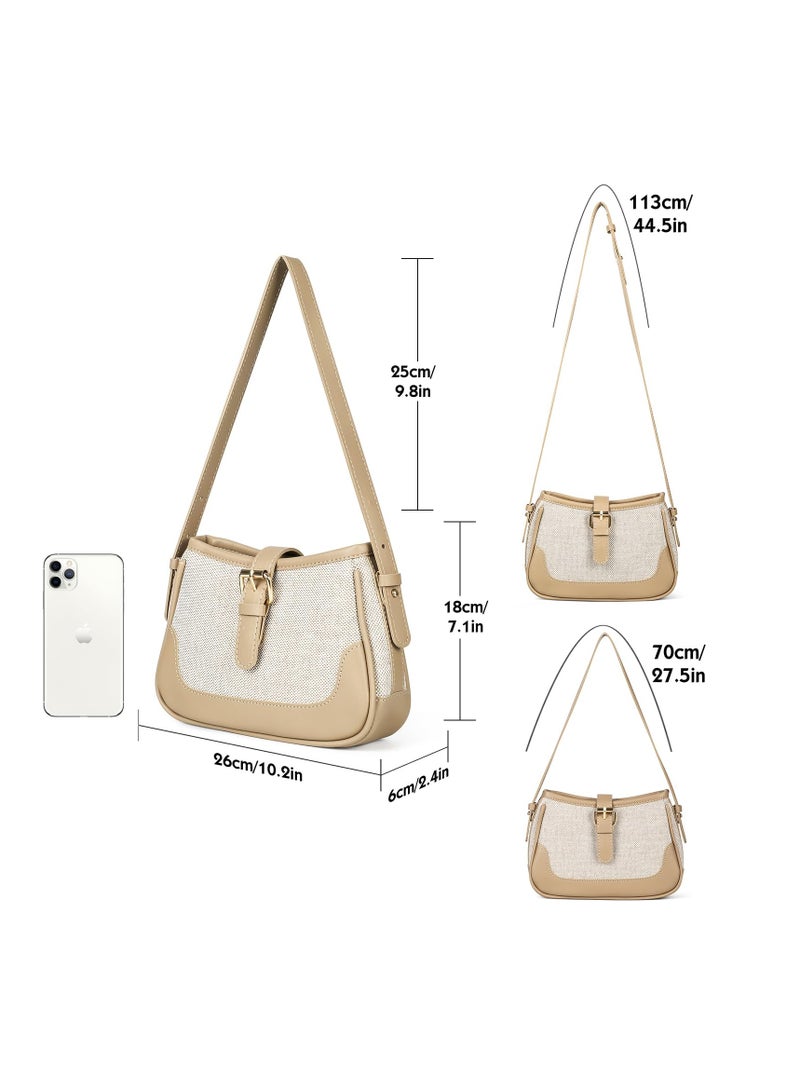 Excefore حقيبة سرج أنيقة، حقيبة كتف متقاطعة من القماش وبقع PU، حقيبة كتف مع أحزمة قابلة للتعديل، حقائب نسائية متعددة الاستخدامات عتيقة، بيج - Image 2