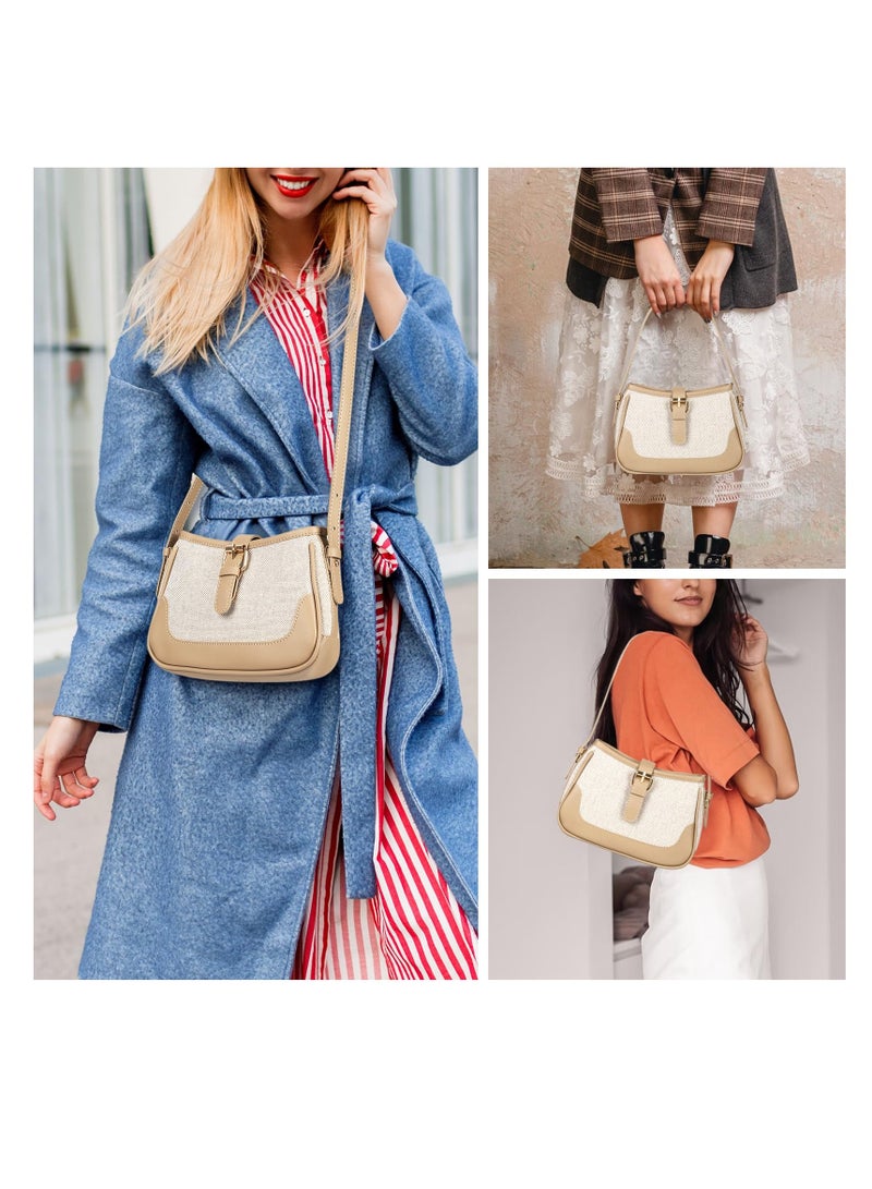 Excefore حقيبة سرج أنيقة، حقيبة كتف متقاطعة من القماش وبقع PU، حقيبة كتف مع أحزمة قابلة للتعديل، حقائب نسائية متعددة الاستخدامات عتيقة، بيج - Image 3