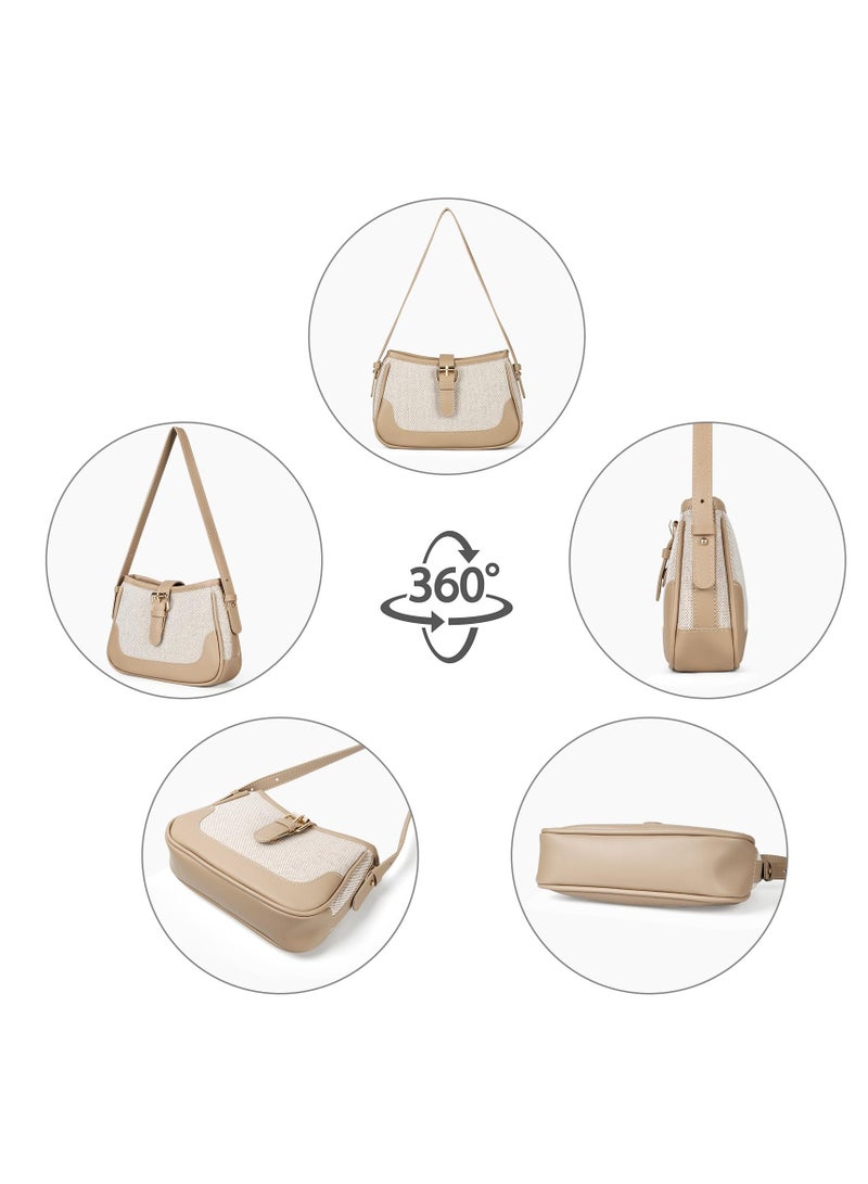 Excefore حقيبة سرج أنيقة، حقيبة كتف متقاطعة من القماش وبقع PU، حقيبة كتف مع أحزمة قابلة للتعديل، حقائب نسائية متعددة الاستخدامات عتيقة، بيج - Image 4