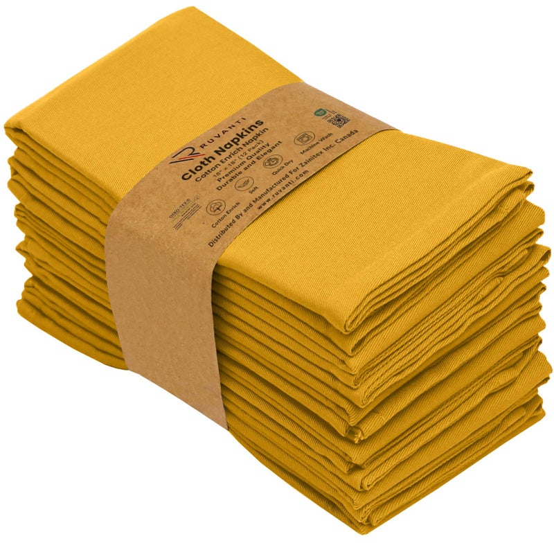 Ruvanti Cloth Napkins Set of 12 18x18 Inches Napkins Cloth Washable Soft Durable Absorbent Cotton Blend Table Dinner Napkins Cloth for Hotel Lunch Restaurant Wedding Event Parties Mustard