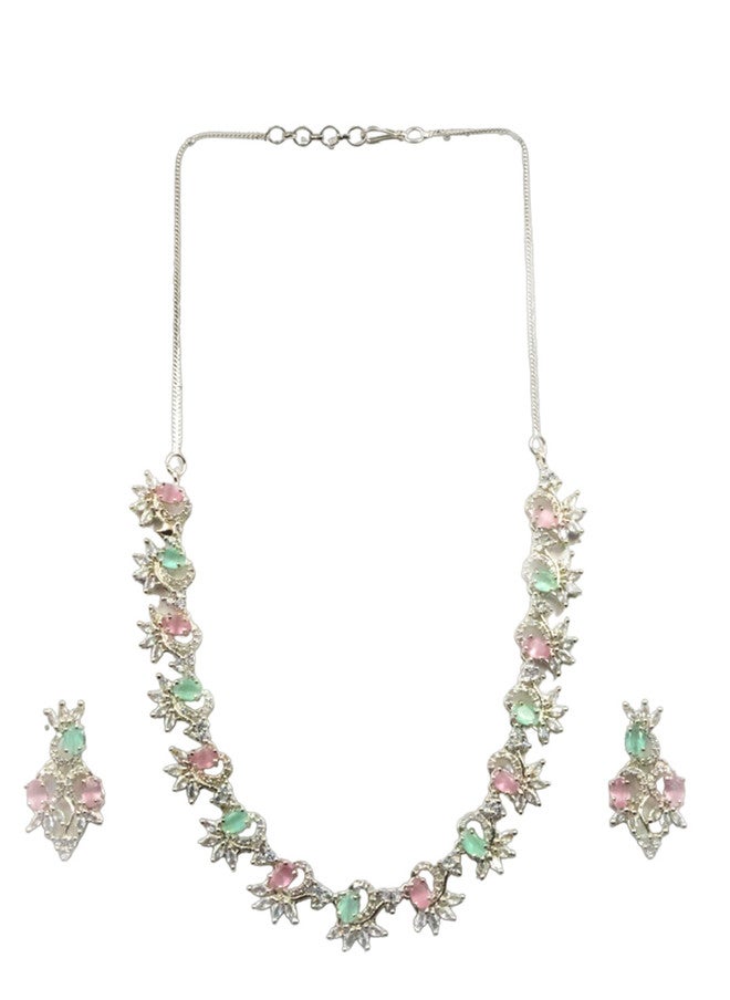StileAdda Silver-Plated AD-Studded Sleek Necklace & Earrings Set - Image 2