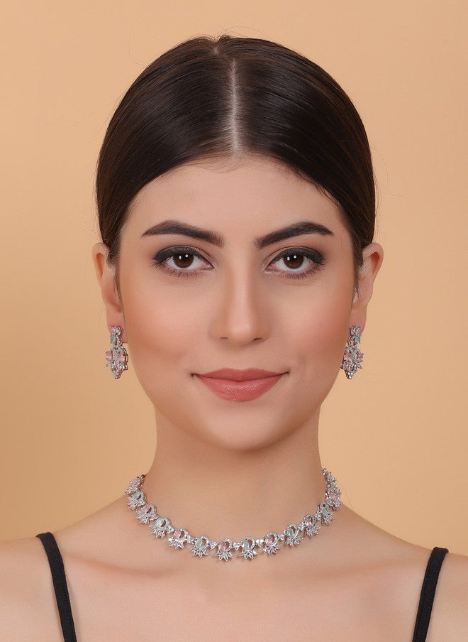 StileAdda Silver-Plated AD-Studded Sleek Necklace & Earrings Set - Image 5