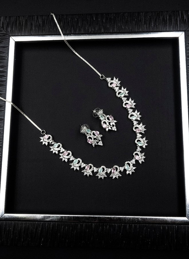 StileAdda Silver-Plated AD-Studded Sleek Necklace & Earrings Set - Image 1