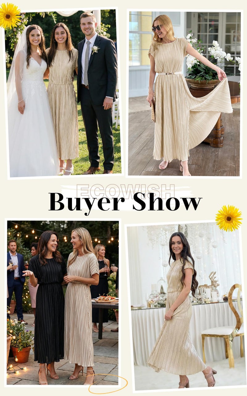 ECOWISH Women Maxi Dresses Cocktail Party Wedding Guest Formal Pleated Long Dress Short Sleeve Slit Empire Waist Evening Gown Champagne X-Large - Image 5