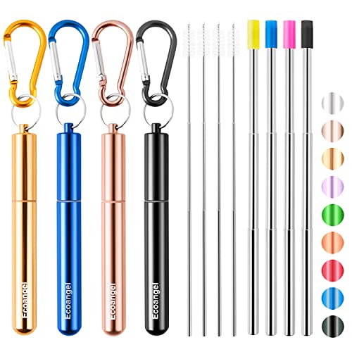 Ecoangel Ecoangel Cruise Ship Essentials4Pack reusable Collapsible Stainless Steel Drinking Straws with Aluminum CaseCleaning Brushand Keychains Black  rose gold  blue  gold