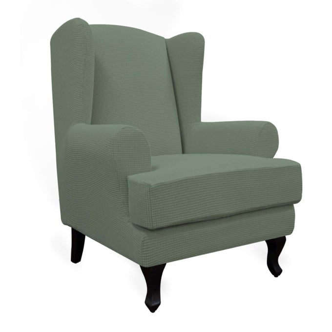 EASYGOING STRETCH WINGBACK CHAIR SOFA SLIPCOVER 2PIECE SOFA COVER FURNITURE PROTECTOR COUCH SOFT WITH ELASTIC BOTTOM SPANDEX JACQUARD FABRIC SMALL CHECKS GREYISH GREEN