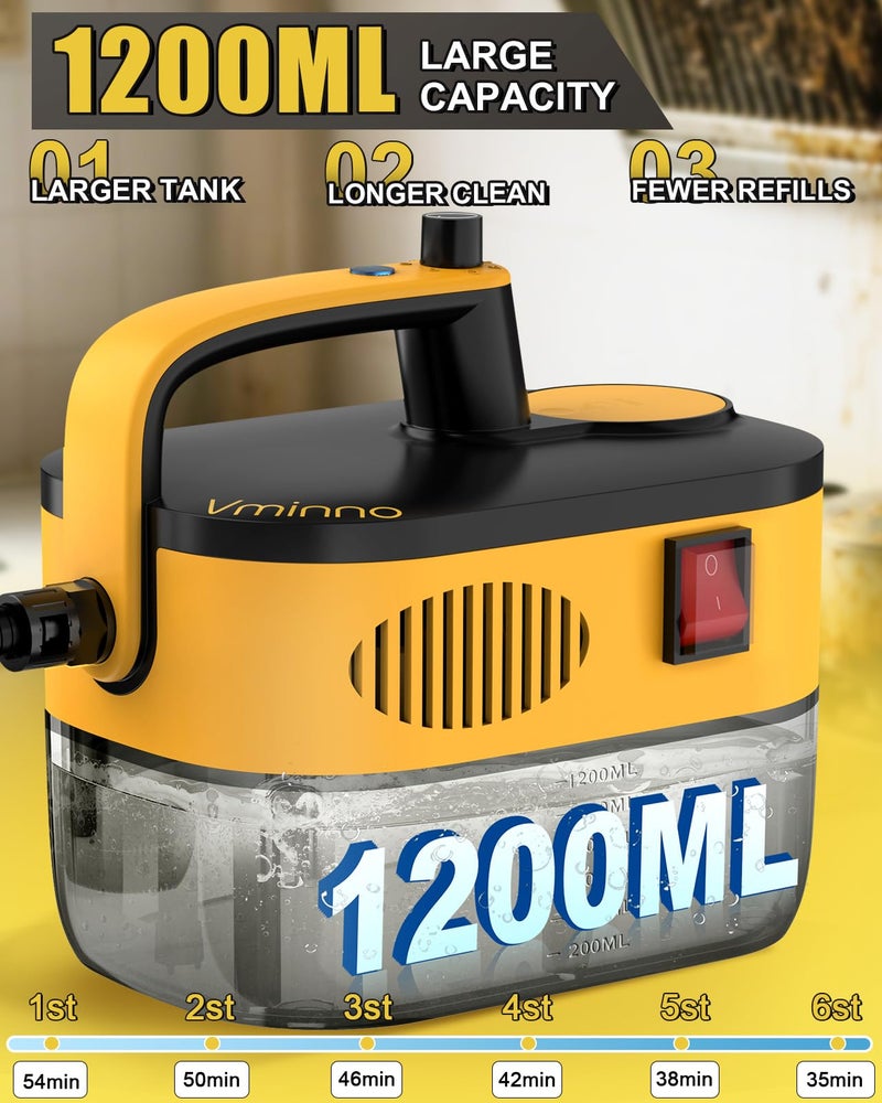 Vminno Heavy Duty Steam Cleaner for Home, Fast Heating & 1.2L Tank, 6-Level Adjustable Pressurized Portable Steamer for Cleaning with 11 Accessories for Grout, Tile, Floor, Car and More(Yellow) - Image 3