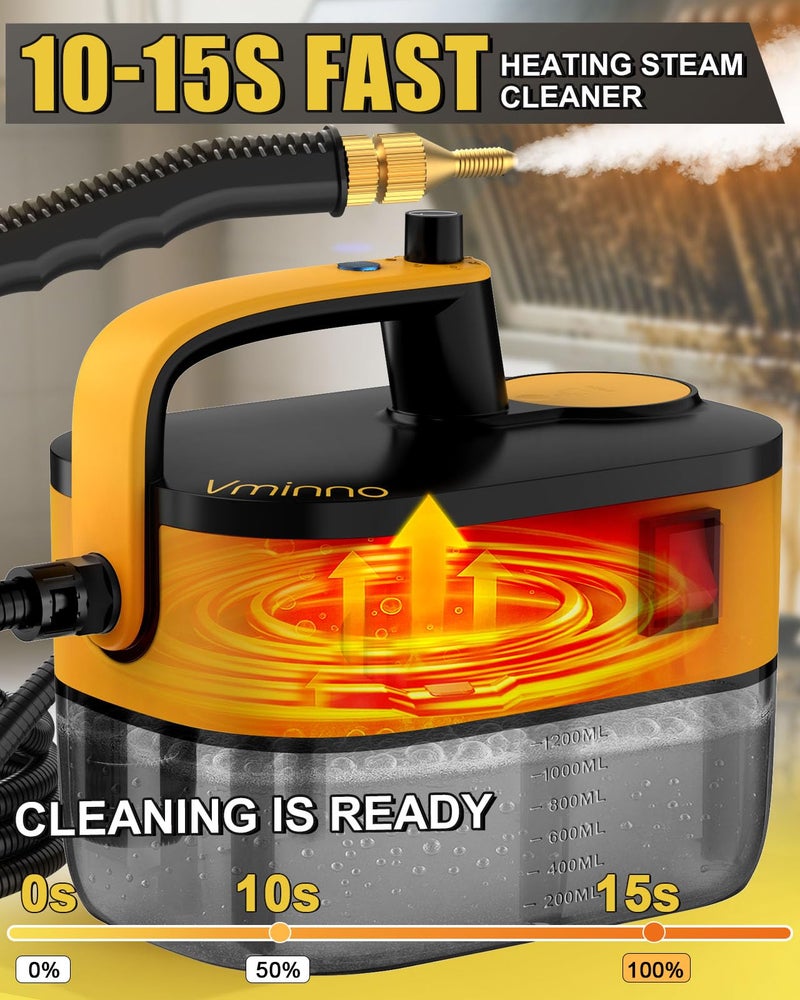 Vminno Heavy Duty Steam Cleaner for Home, Fast Heating & 1.2L Tank, 6-Level Adjustable Pressurized Portable Steamer for Cleaning with 11 Accessories for Grout, Tile, Floor, Car and More(Yellow) - Image 2