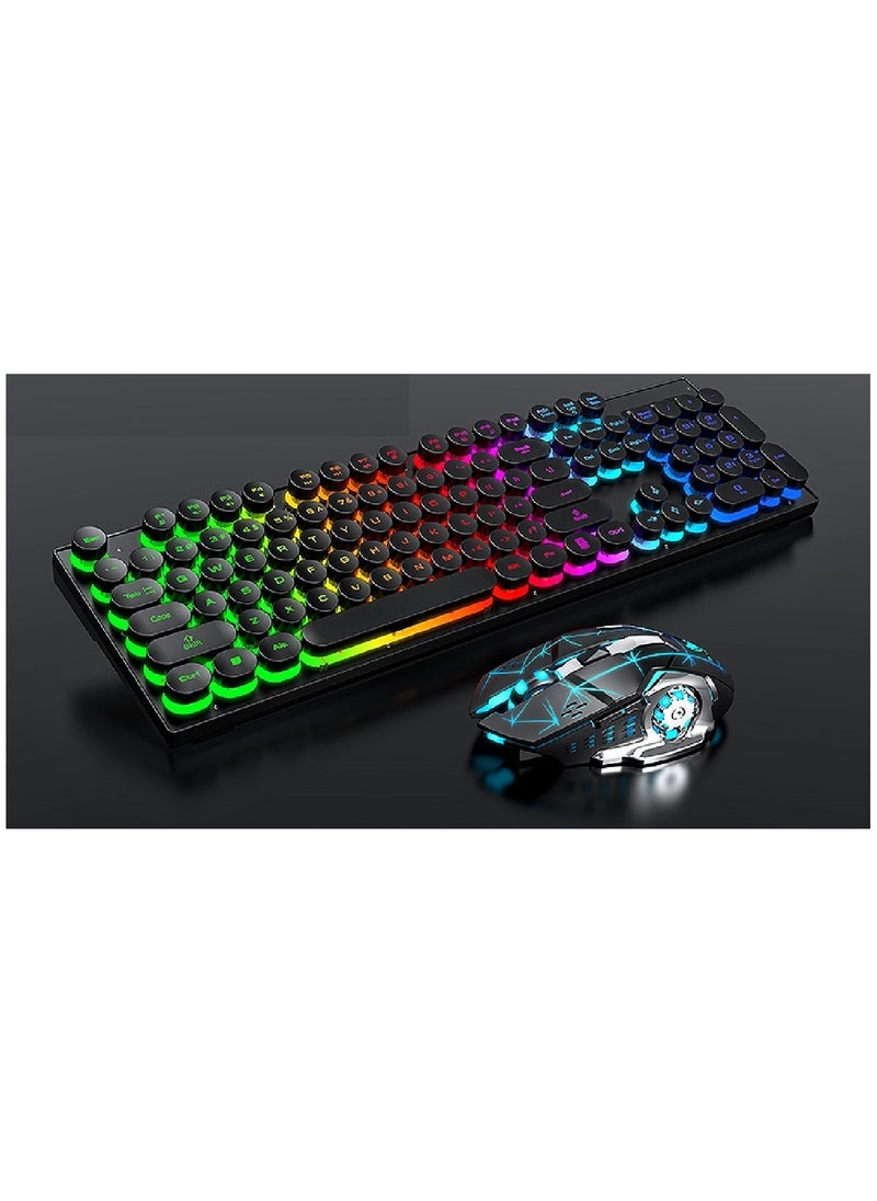 T-WOLF - 104 Key Wired Keyboard Mouse Combo Cool Rainbow Color Backlight Retro Punk Style Suspended Keycaps For Office Pc Gaming - Image 1