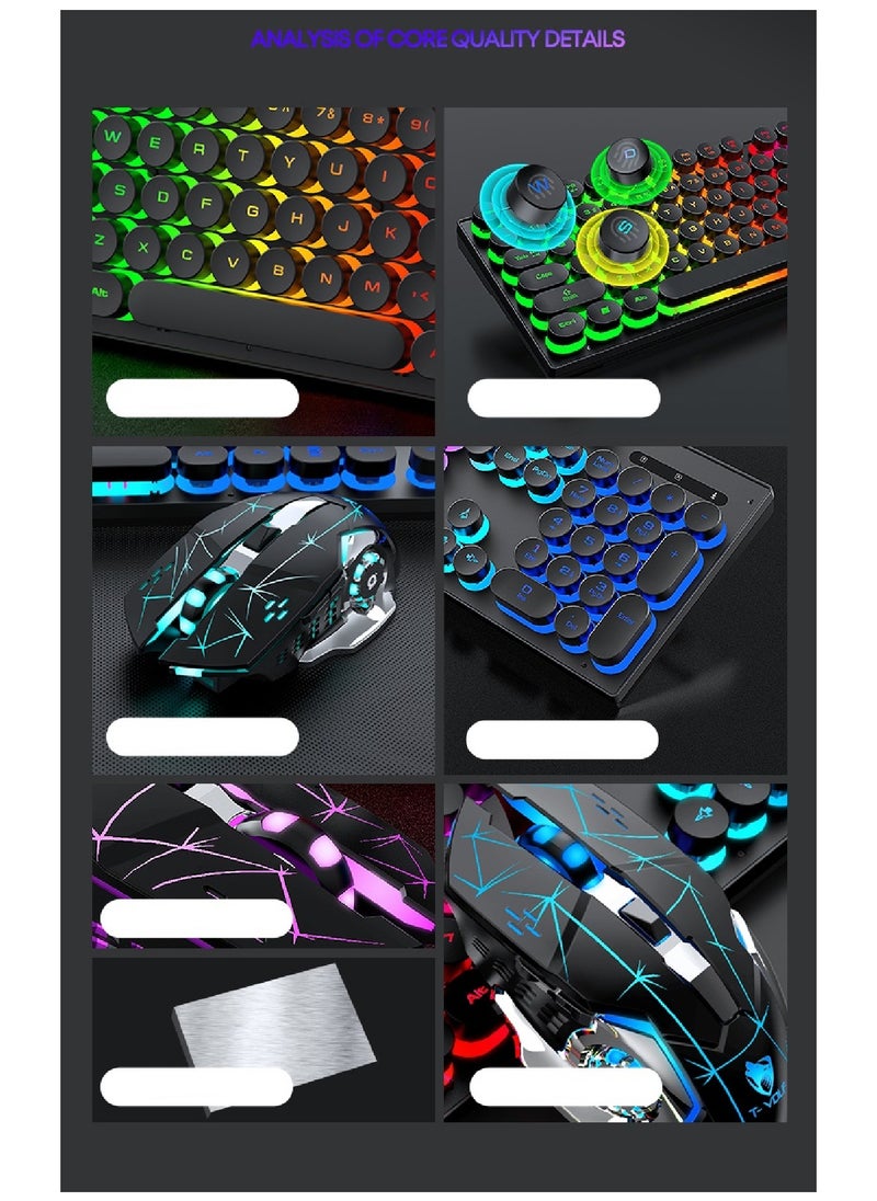 T-WOLF - 104 Key Wired Keyboard Mouse Combo Cool Rainbow Color Backlight Retro Punk Style Suspended Keycaps For Office Pc Gaming - Image 1