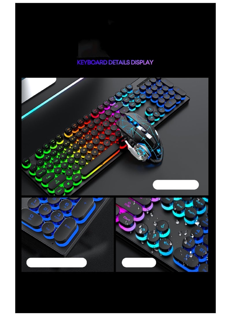 T-WOLF - 104 Key Wired Keyboard Mouse Combo Cool Rainbow Color Backlight Retro Punk Style Suspended Keycaps For Office Pc Gaming - Image 1