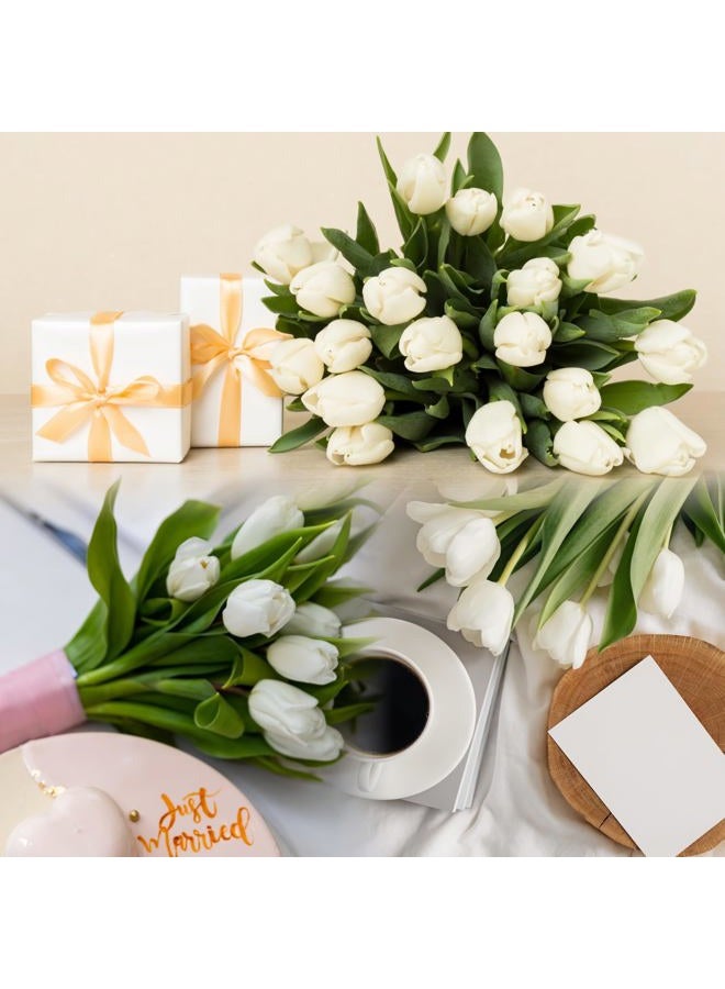 Sggvecsy 30 Pcs Fake Tulips Artificial Flowers Real Touch PU Faux Flowers Tulip Stems for Wedding Spring Bouquet Floral Arrangement Home Party Office Decorations for Mother's Day (White) - Image 4