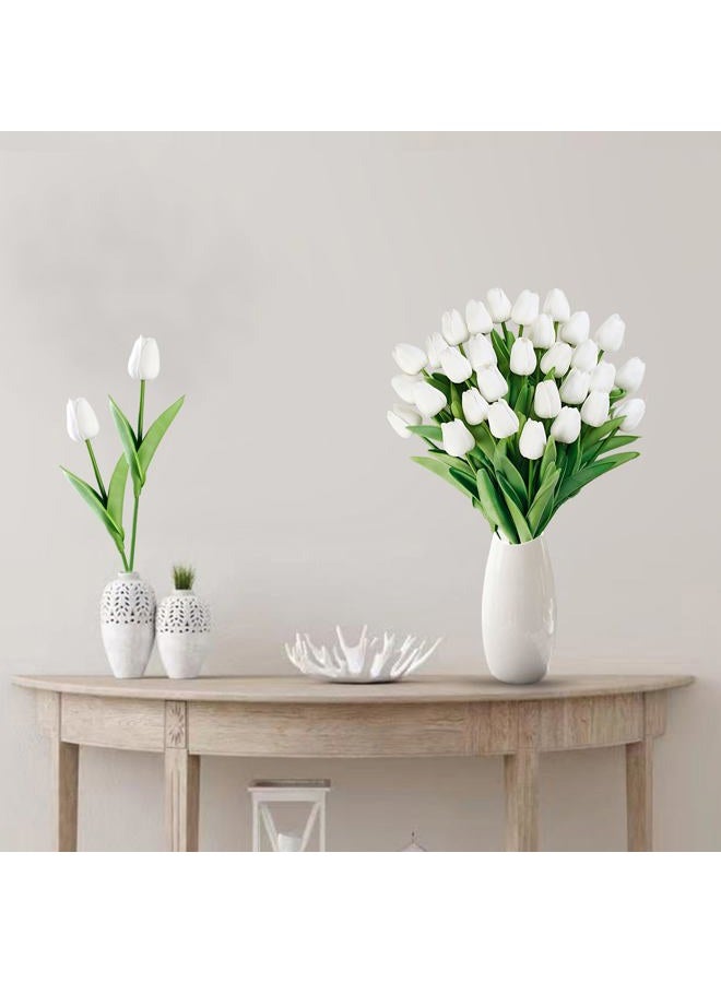 Sggvecsy 30 Pcs Fake Tulips Artificial Flowers Real Touch PU Faux Flowers Tulip Stems for Wedding Spring Bouquet Floral Arrangement Home Party Office Decorations for Mother's Day (White) - Image 3