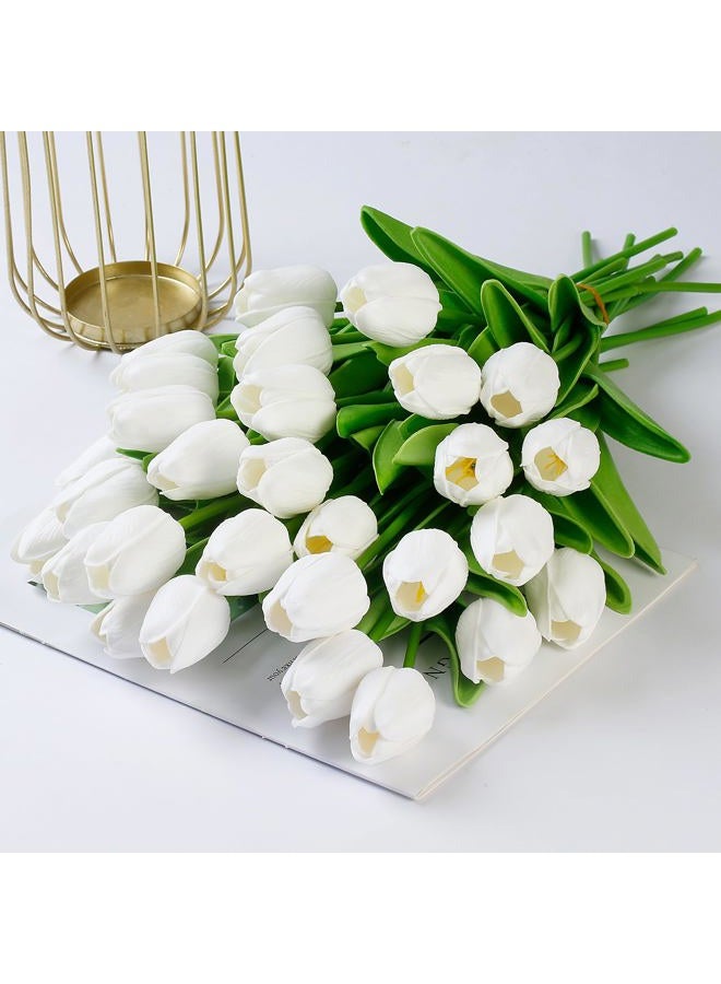 Sggvecsy 30 Pcs Fake Tulips Artificial Flowers Real Touch PU Faux Flowers Tulip Stems for Wedding Spring Bouquet Floral Arrangement Home Party Office Decorations for Mother's Day (White) - Image 5