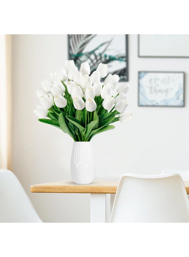 Sggvecsy 30 Pcs Fake Tulips Artificial Flowers Real Touch PU Faux Flowers Tulip Stems for Wedding Spring Bouquet Floral Arrangement Home Party Office Decorations for Mother's Day (White) - Image 2