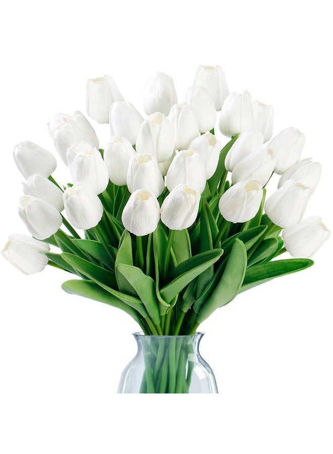 Sggvecsy 30 Pcs Fake Tulips Artificial Flowers Real Touch PU Faux Flowers Tulip Stems for Wedding Spring Bouquet Floral Arrangement Home Party Office Decorations for Mother's Day (White) - Image 1