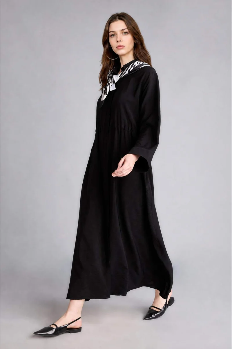 Defacto Regular Fit Shirt Collar Long Black Maxi Dress