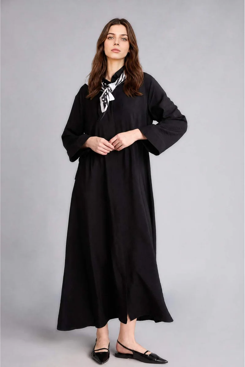 Defacto Regular Fit Shirt Collar Long Black Maxi Dress