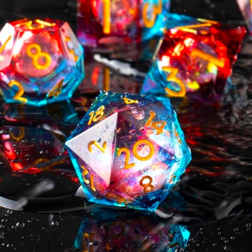 YEMEKO Handmade Liquid DND Dice Set Liquid Core DND Dice Quicksand Ball 7 Accessories Dice for Dungeons and Dragons RPG Polyhedral Resin Sharp Edge Dice Roleplaying Liquid Blue Red - Image 1