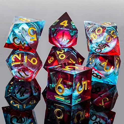 YEMEKO Handmade Liquid DND Dice Set Liquid Core DND Dice Quicksand Ball 7 Accessories Dice for Dungeons and Dragons RPG Polyhedral Resin Sharp Edge Dice Roleplaying Liquid Blue Red - Image 5