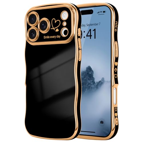 LCHULLE for iPhone 17 Pro Max Case for Women Girls Cute Wave Frame Curly Shape with Love Heart Pattern Raised Camera Protection Cover Luxury Plating Shockproof Phone Case for iPhone 17 Pro Max Black - Image 1
