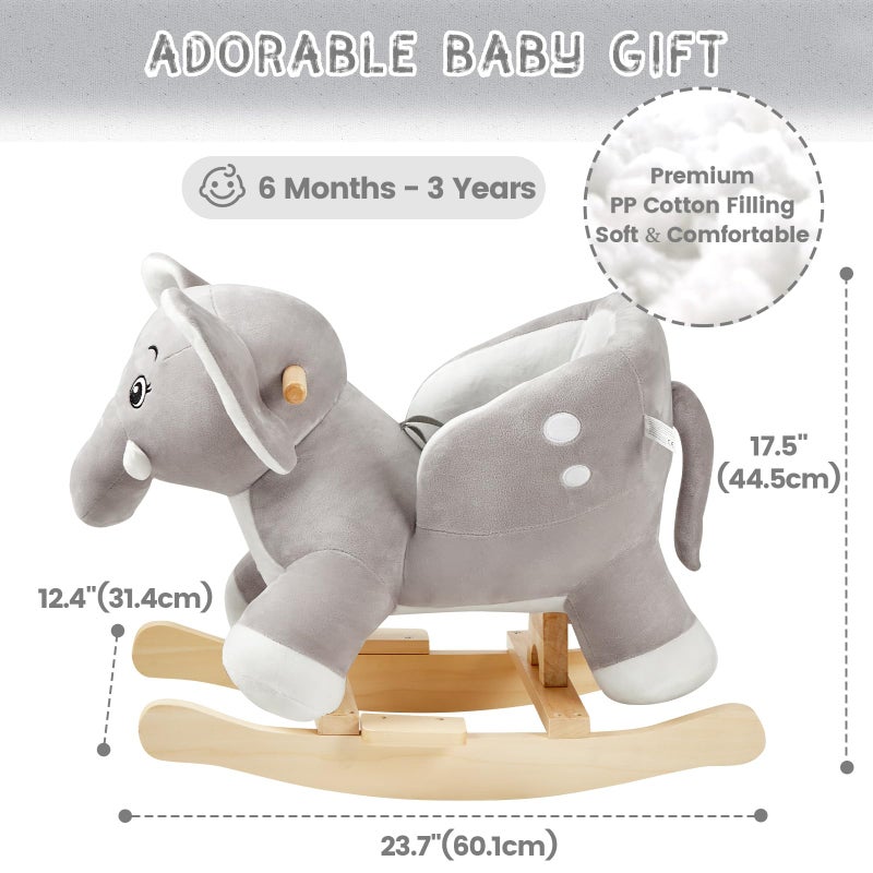 FUNLIO Elephant Baby Rocking Horse for Toddlers 6 Months to 3 Years, Cute & Graceful Grey Elephant Rocker for Baby Girl, Stuffed Plush Ride-on Rocking Animal, Easy to Assemble, CPC & CE Certified - Image 5