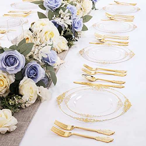 Morejoy 100pcs Gold Plastic Plates - Clear Gold Disposable Plates - 7.5 inch Clear and Gold Dessert Plates, Clear Plastic Plates with Gold Rim for Weddings & Parties & Shower - Image 5