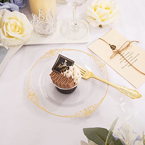 Morejoy 100pcs Gold Plastic Plates - Clear Gold Disposable Plates - 7.5 inch Clear and Gold Dessert Plates, Clear Plastic Plates with Gold Rim for Weddings & Parties & Shower - Image 2