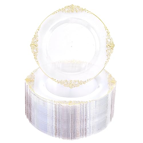 Morejoy 100pcs Gold Plastic Plates - Clear Gold Disposable Plates - 7.5 inch Clear and Gold Dessert Plates, Clear Plastic Plates with Gold Rim for Weddings & Parties & Shower - Image 1