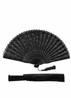 Hand Fan with Frame, Silk Fabric Bamboo Ribs Handheld Folding Wall Decoration Wedding Party, Lace for Women Girls Gifts, Black