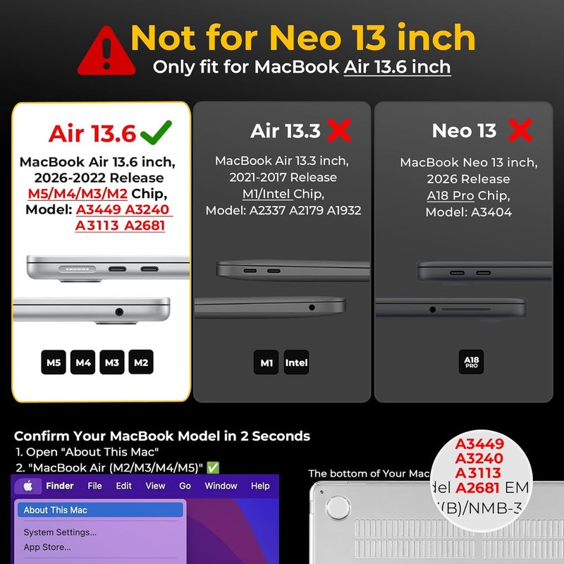 EooCoo Case for MacBook Air 13 inch, M5 M4 M3 M2 2026-2022 A3449 A3240 A3113 A2681, Reinforced Anti-Cracking, True-to-Device Matte Texture, Hard Shell Laptop Cover for MacBook Air 13.6 inch - Image 2