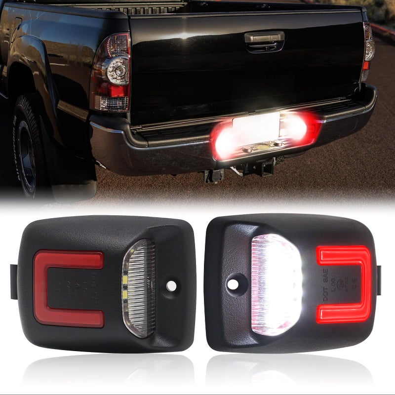 AUYICH LED License Plate Light Lamp Assembly Compatible with Tacoma 2005-2015, For Tundra 2000-2013, 2PCS Tag Lights for License Plate White & Red Lights, Clear Lens - Image 1