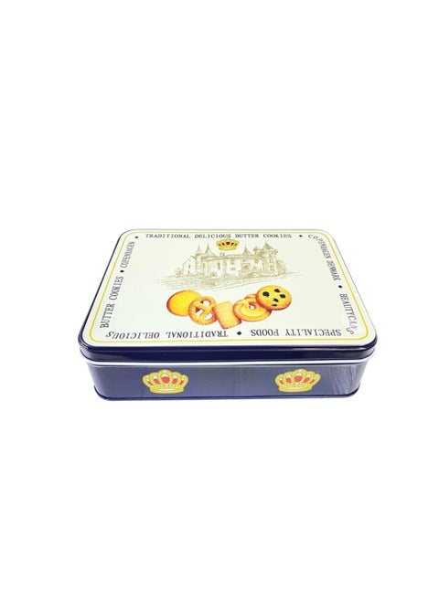 Metal Tin Box, Rectangle Storage Container, Assorted Butter Cookies, Luxury Gift Box, Multipurpose Decorative Storage Box, Reusable Tin Can for Freshness, 20 x 14 x 2.5cm (Beige Z Blue)