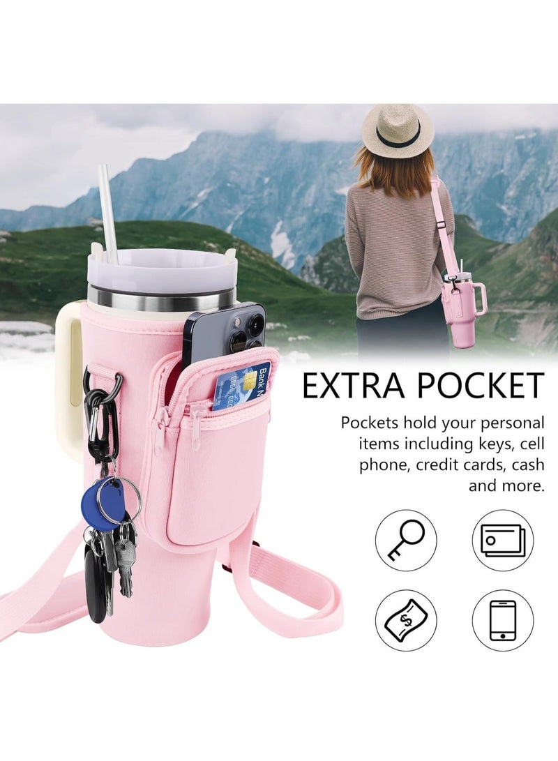 Water Bottle Carrier Bag for Stanley 40oz Tumbler, Water Bottle Holder with Pouch and Adjustable Strap, Sleeve Accessories with Pocket for 40oz Cup (Pink)  - Image 2