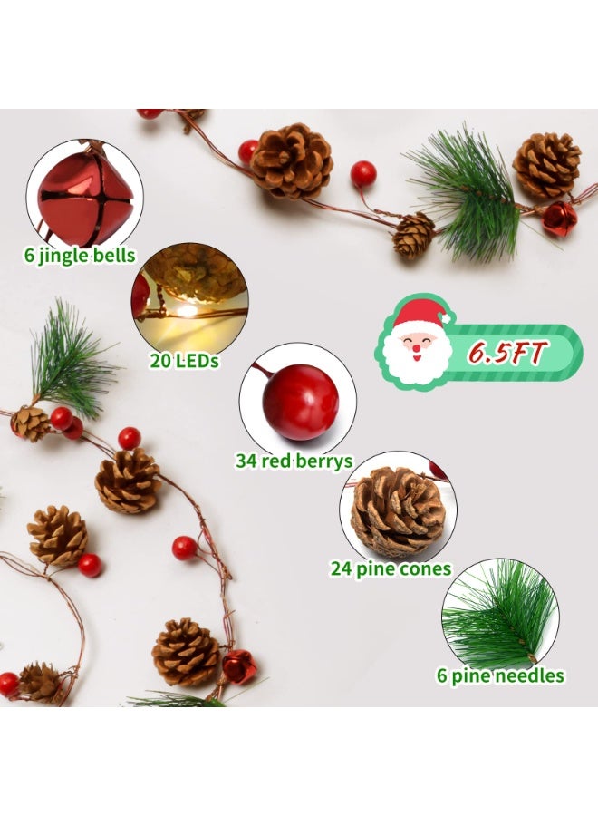 تشيلور إكليل عيد الميلاد مع أضواء خرافية، 2 متر، 20 مصباح ليد، سلسلة أضواء مخروط الصنوبر لعيد الميلاد، إكليل التوت مع أضواء، زينة للرفوف، والسلالم، والشجرة، والمدفأة، والطاولة، والديكور الداخلي والخارجي. - Image 5