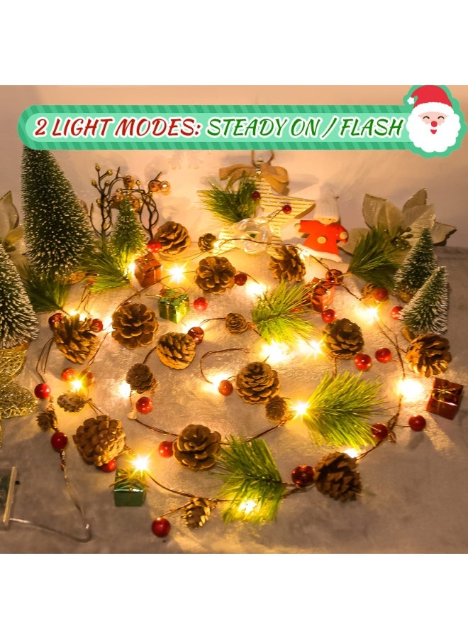 تشيلور إكليل عيد الميلاد مع أضواء خرافية، 2 متر، 20 مصباح ليد، سلسلة أضواء مخروط الصنوبر لعيد الميلاد، إكليل التوت مع أضواء، زينة للرفوف، والسلالم، والشجرة، والمدفأة، والطاولة، والديكور الداخلي والخارجي. - Image 2