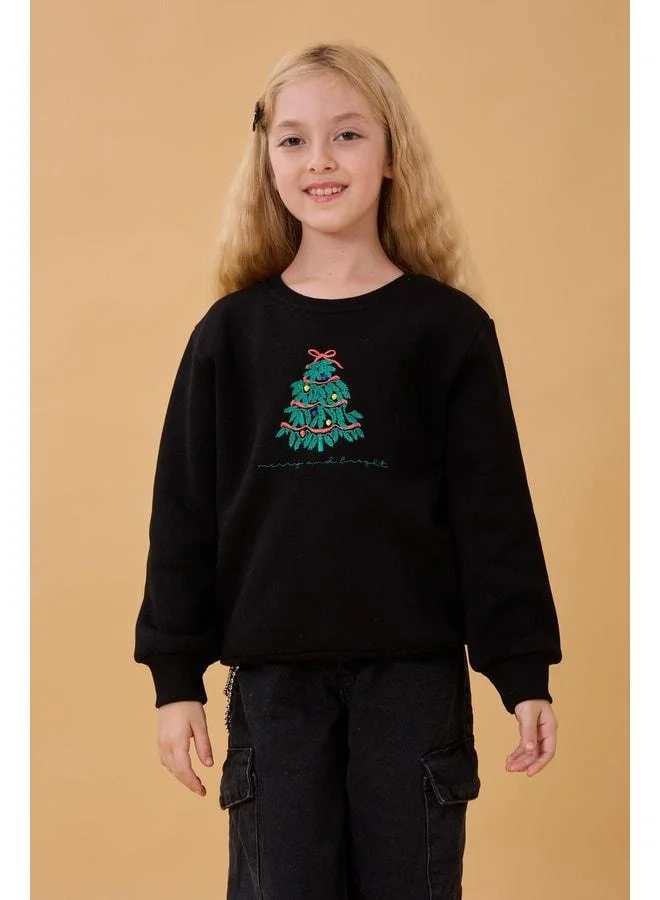 Perendi Girl's Bicycle Collar Embroidered Detailed Winter Sweatshirt – Black