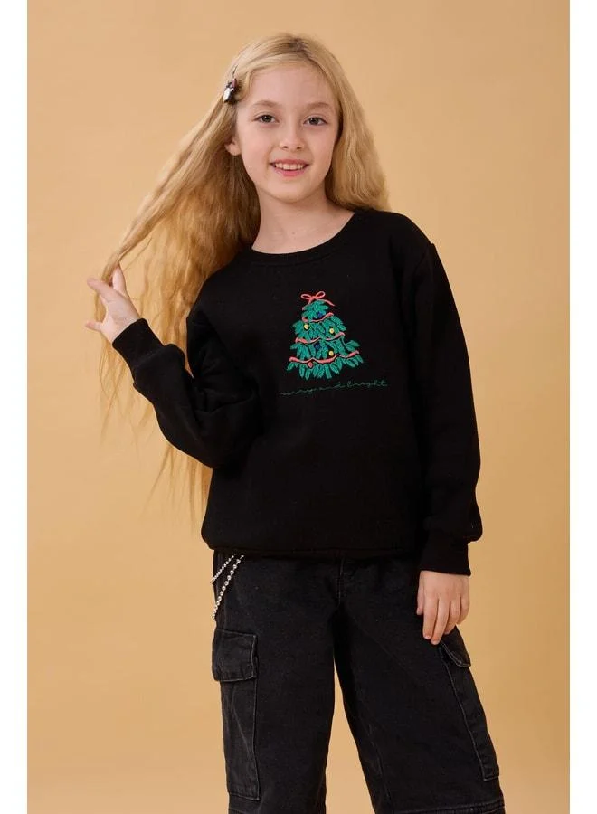 Perendi Girl's Bicycle Collar Embroidered Detailed Winter Sweatshirt – Black