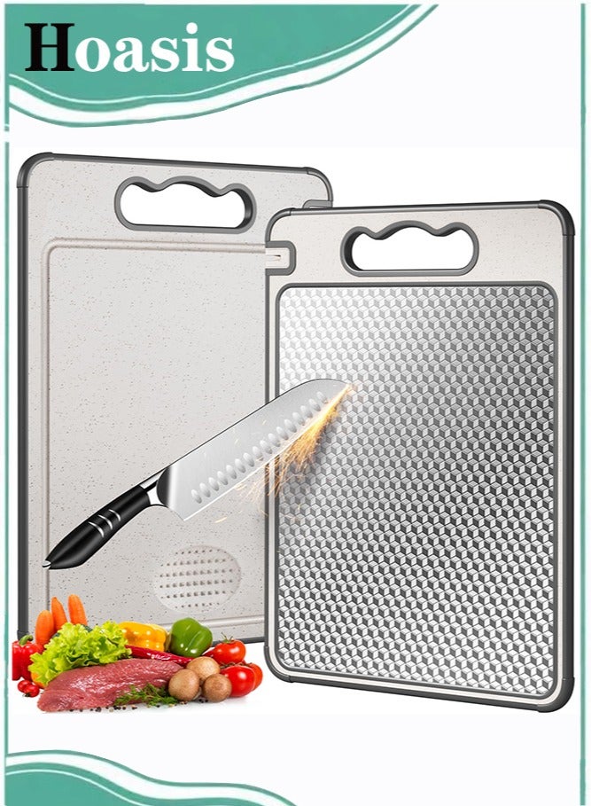 ح واحة لوح تقطيع مزدوج الجوانب من الفولاذ المقاوم للصدأ 304 وقش القمح، 36.5 × 24.8 سم، لوح تقطيع غير سام، يتعامل مع اللحوم والخضروات بشكل منفصل، آمن للاستخدام في غسالة الأطباق، تصميم شبكي مقاوم للخدش - Image 1