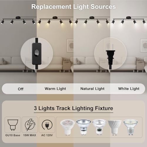 Bricosmocon Plug in Track Lighting LED, Track Lighting Fixtures Ceiling, Black 4-Light Kitchen Light Kit, Plug in Wall Light with 14.8ft Power Cord, Rotatable Ceiling Spotlight for Bedroom(GU10 Socket, NO Bulb) - Image 3