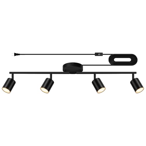 Bricosmocon Plug in Track Lighting LED, Track Lighting Fixtures Ceiling, Black 4-Light Kitchen Light Kit, Plug in Wall Light with 14.8ft Power Cord, Rotatable Ceiling Spotlight for Bedroom(GU10 Socket, NO Bulb) - Image 1