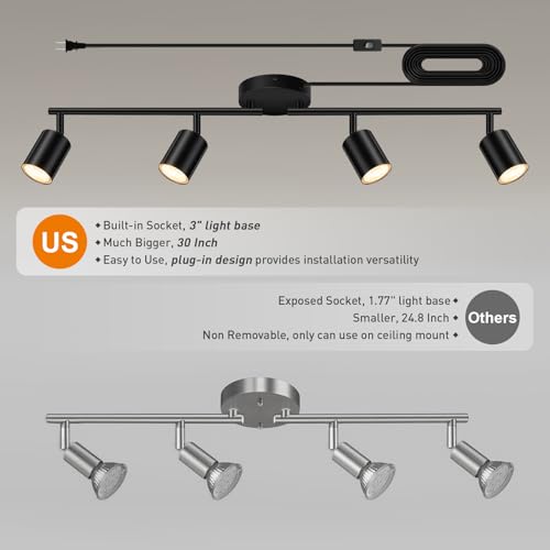 Bricosmocon Plug in Track Lighting LED, Track Lighting Fixtures Ceiling, Black 4-Light Kitchen Light Kit, Plug in Wall Light with 14.8ft Power Cord, Rotatable Ceiling Spotlight for Bedroom(GU10 Socket, NO Bulb) - Image 2