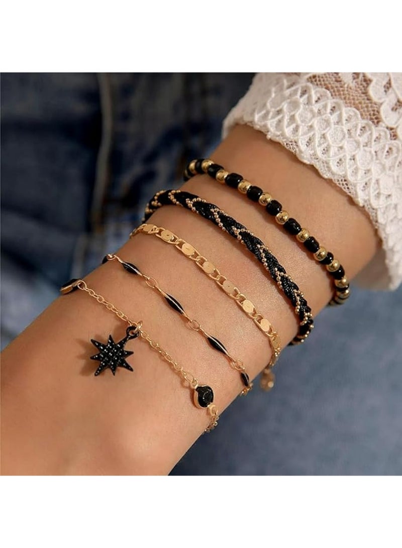 Trikeel Ladies Fashionable, Sophisticated Stacked Black Star Bead String Bracelet Set and Footchain Set, Stacked Zircon Heart Shaped Gold Bead Bracelet, Bohemian Elastic Rope Chain Jewelry Gift - Image 3