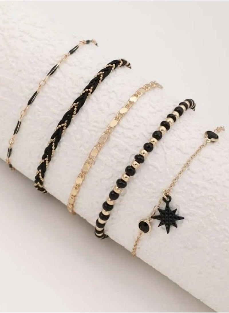 Trikeel Ladies Fashionable, Sophisticated Stacked Black Star Bead String Bracelet Set and Footchain Set, Stacked Zircon Heart Shaped Gold Bead Bracelet, Bohemian Elastic Rope Chain Jewelry Gift - Image 5