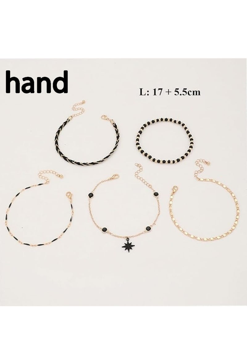 Trikeel Ladies Fashionable, Sophisticated Stacked Black Star Bead String Bracelet Set and Footchain Set, Stacked Zircon Heart Shaped Gold Bead Bracelet, Bohemian Elastic Rope Chain Jewelry Gift - Image 2
