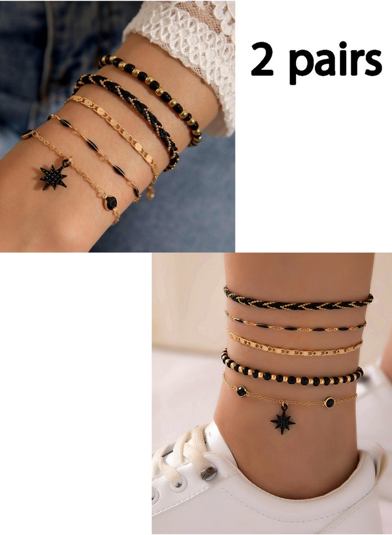 Trikeel Ladies Fashionable, Sophisticated Stacked Black Star Bead String Bracelet Set and Footchain Set, Stacked Zircon Heart Shaped Gold Bead Bracelet, Bohemian Elastic Rope Chain Jewelry Gift - Image 1