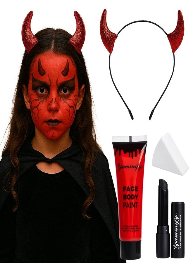 paminify طوق رأس باميني في شكل قرون الشيطان مع مجموعة مكياج هالوين للأطفال، 1.01 أونصة من طلاء الجسم الأحمر المائي + أحمر شفاه أسود + إسفنجة + طوق شعر شيطاني أحمر، قلم طلاء وجه كريمي لزي الشيطان - Image 1